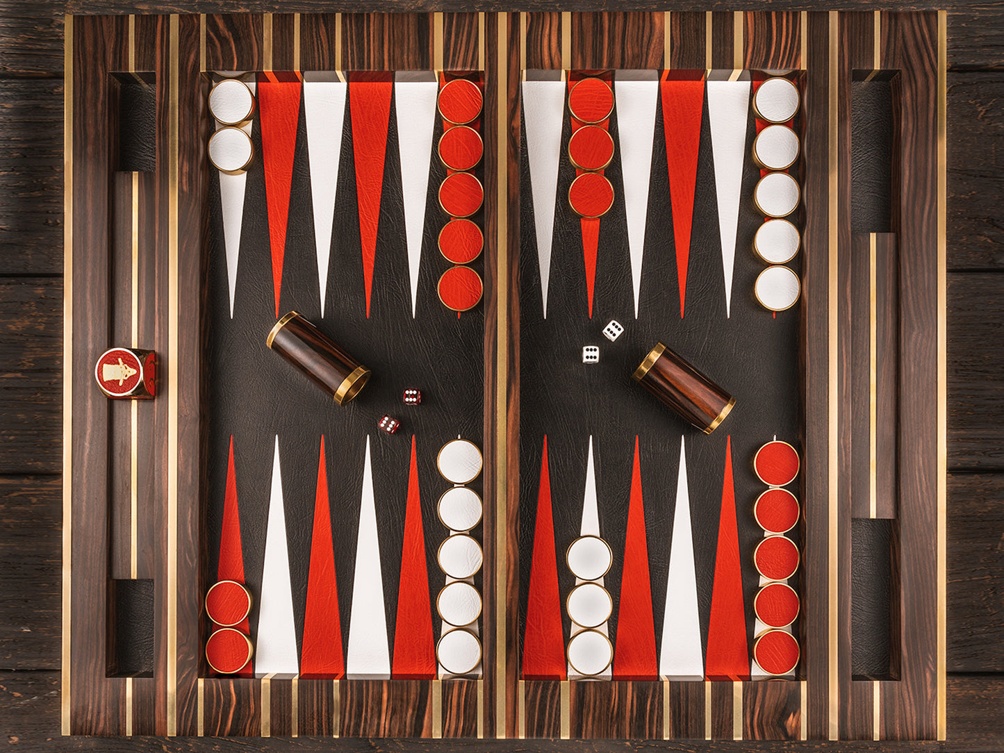 Shabaka Bone Club luxury backgammon tabletop, Macassar ebony and brass.